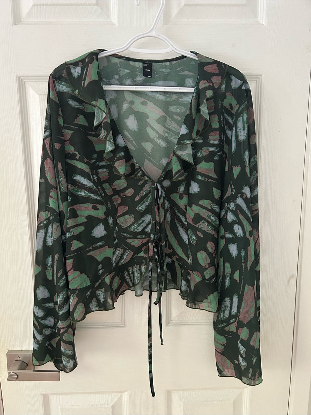 Cider Curve Sheer Printed Tie-Front Blouse